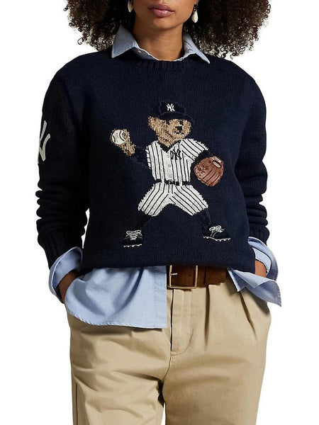 Luxury Polo Bear Yankees Knit Sweater  Navy Baseball Edition