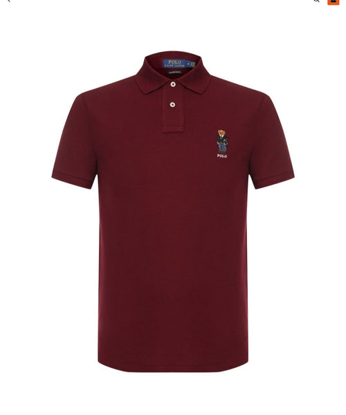 Luxury Burgundy Bear Embroidered Cotton Polo T-Shirt