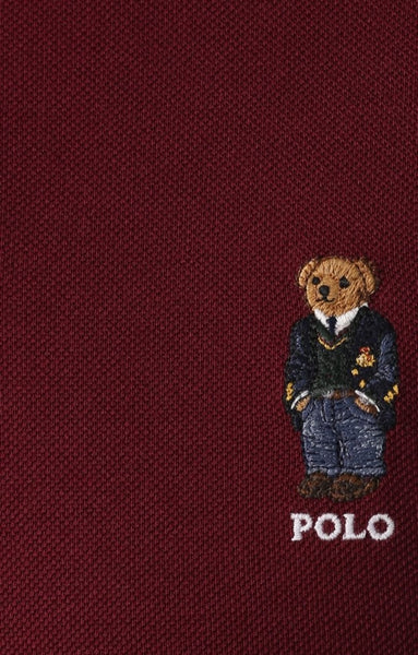 Luxury Burgundy Bear Embroidered Cotton Polo T-Shirt