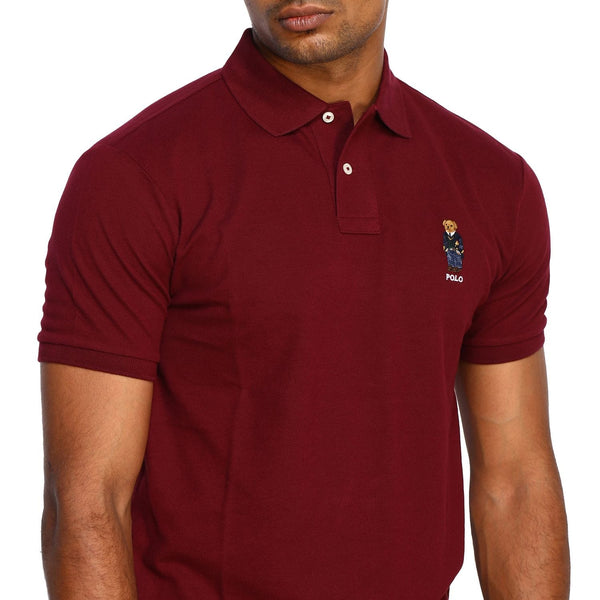 Luxury Burgundy Bear Embroidered Cotton Polo T-Shirt
