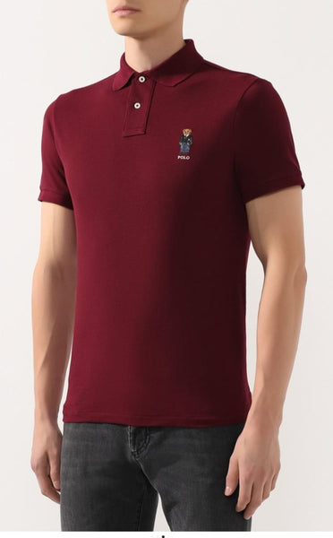 Luxury Burgundy Bear Embroidered Cotton Polo T-Shirt