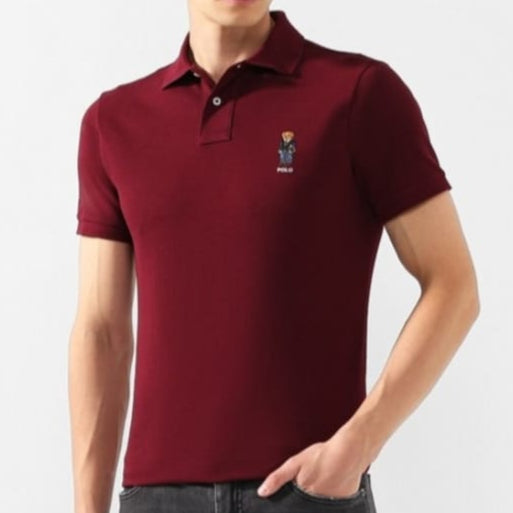 Luxury Burgundy Bear Embroidered Cotton Polo T-Shirt