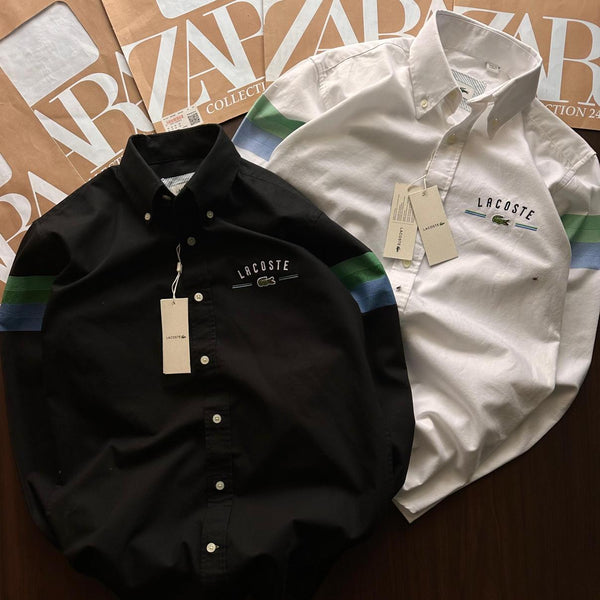 Luxury Cotton Button-Down Shirt with Logo Embroidery & Striped Sleeves