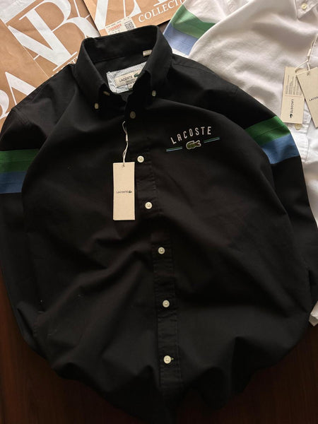 Luxury Cotton Button-Down Shirt with Logo Embroidery & Striped Sleeves