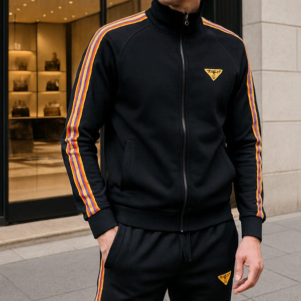 Luxury Black Tracksuit Set – Logo Tape Jacket & Joggers