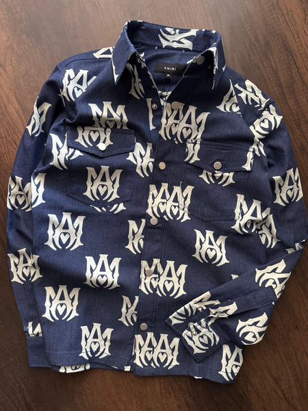 Luxury Branded Monogram Printed  Denim Shirt