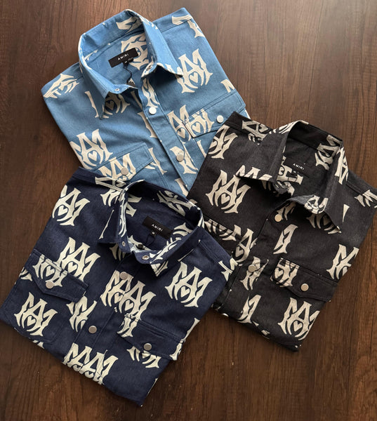 Luxury Branded Monogram Printed  Denim Shirt