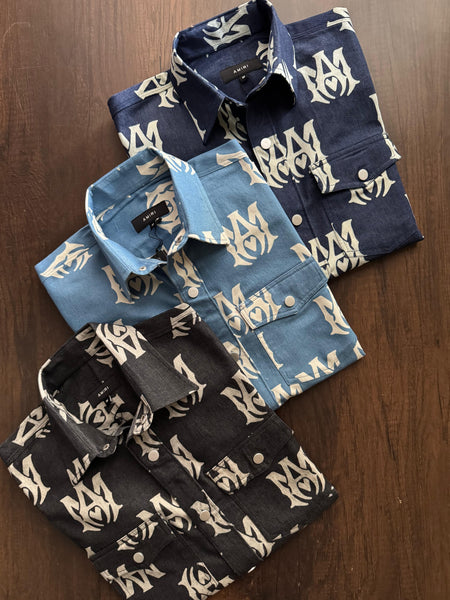 Luxury Branded Monogram Printed  Denim Shirt