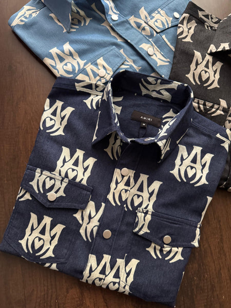 Luxury Branded Monogram Printed  Denim Shirt