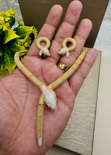 Luxury Serpenti Necklace & Earrings Set – Gold-Tone with Diamond Detailing