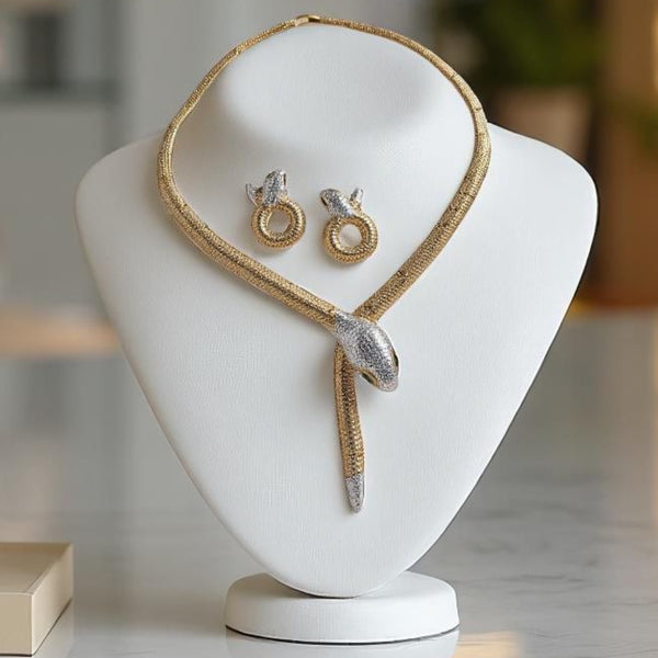 Luxury Serpenti Necklace & Earrings Set – Gold-Tone with Diamond Detailing