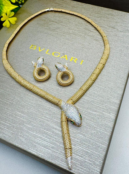 Luxury Serpenti Necklace & Earrings Set – Gold-Tone with Diamond Detailing