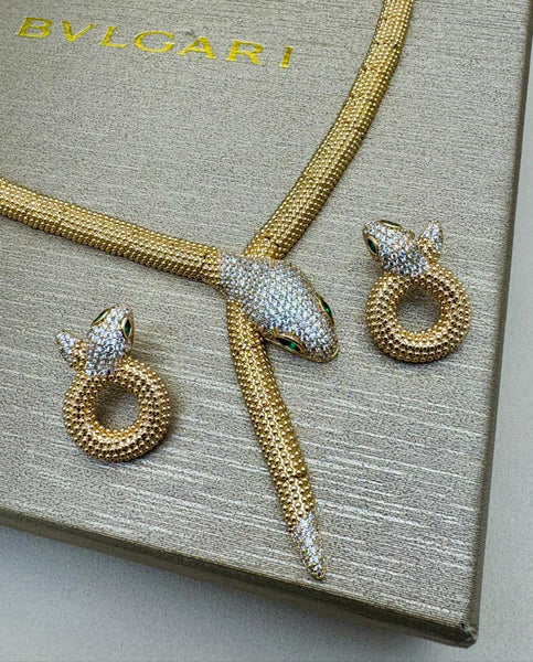 Luxury Serpenti Necklace & Earrings Set – Gold-Tone with Diamond Detailing