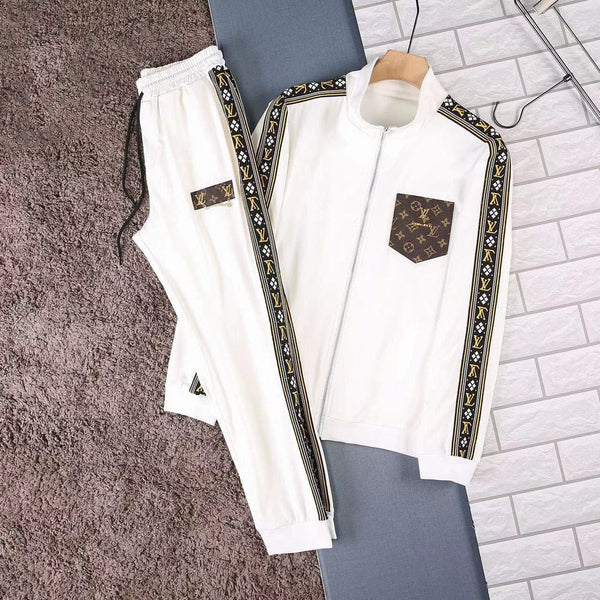 Luxury White Tracksuit – Monogram Stripe & Pocket Design