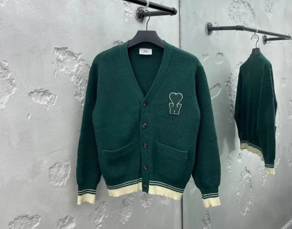 Men’s Dark Green Knitted Cardigan with Heart Embroidery