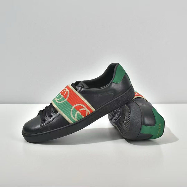 Luxury  Black Leather Ace Web Low Top Sneakers