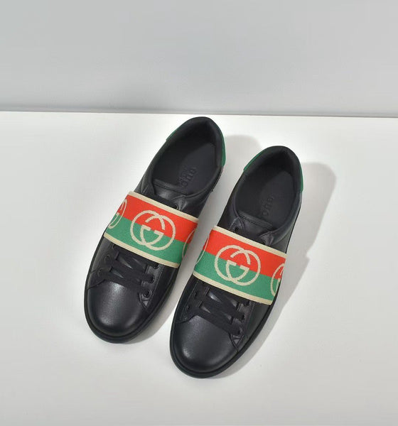 Luxury  Black Leather Ace Web Low Top Sneakers