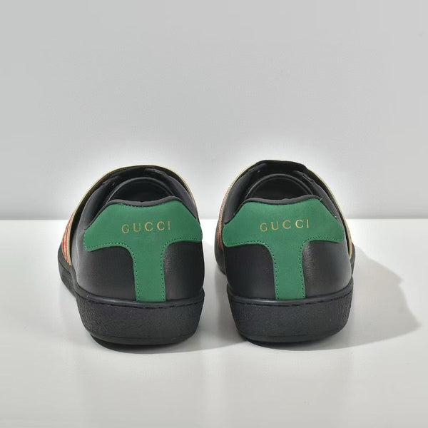 Luxury  Black Leather Ace Web Low Top Sneakers