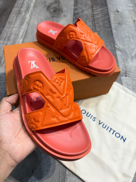 Premium Orange Embossed Monogram Slide Sandals