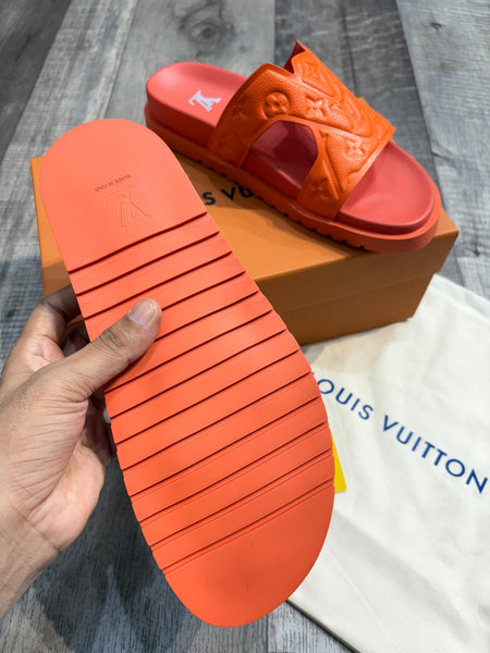 Premium Orange Embossed Monogram Slide Sandals