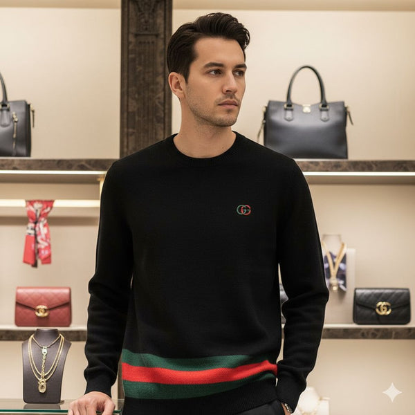 Luxury Black Designer Sweater with Signature Green-Red Stripe Detailing
