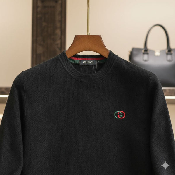 Luxury Black Designer Sweater with Signature Green-Red Stripe Detailing