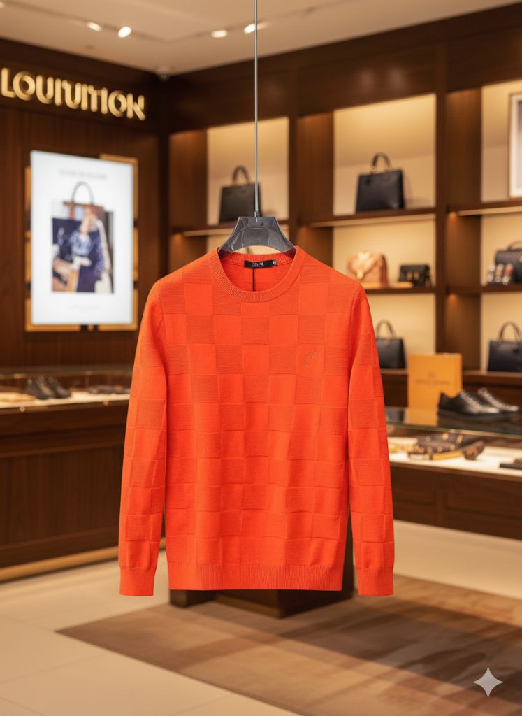 Premium Orange Damier Knit Sweater – Bold Luxury with Signature Elegance