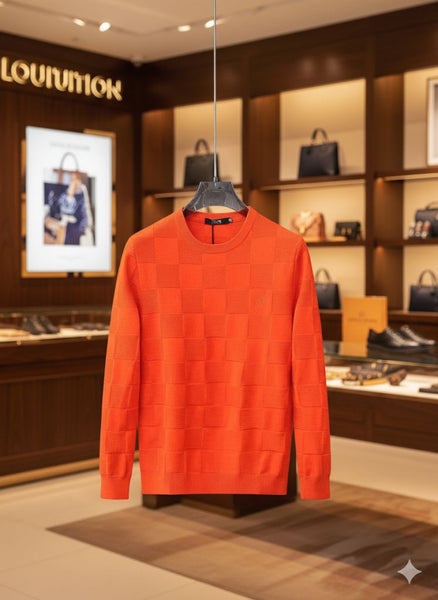 Premium Orange Damier Knit Sweater – Bold Luxury with Signature Elegance