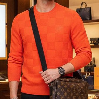 Premium Orange Damier Knit Sweater – Bold Luxury with Signature Elegance