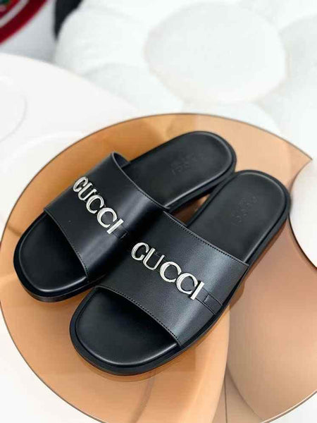 Men’s Luxury Black Leather Slides  Iconic Comfort and Style