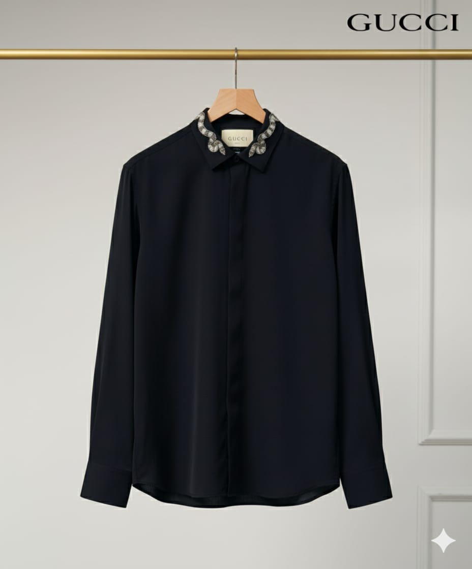 Premium Men's Black Embellished Collar Dress Shirt