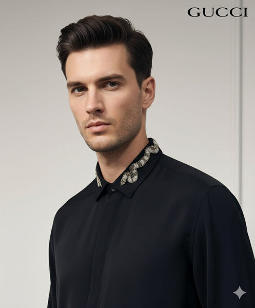Premium Men's Black Embellished Collar Dress Shirt