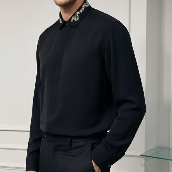 Premium Men's Black Embellished Collar Dress Shirt