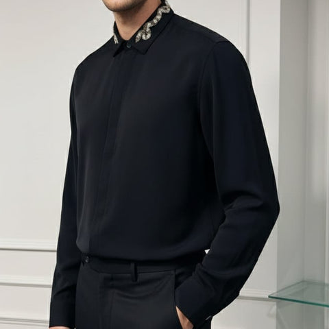 Premium Men's Black Embellished Collar Dress Shirt