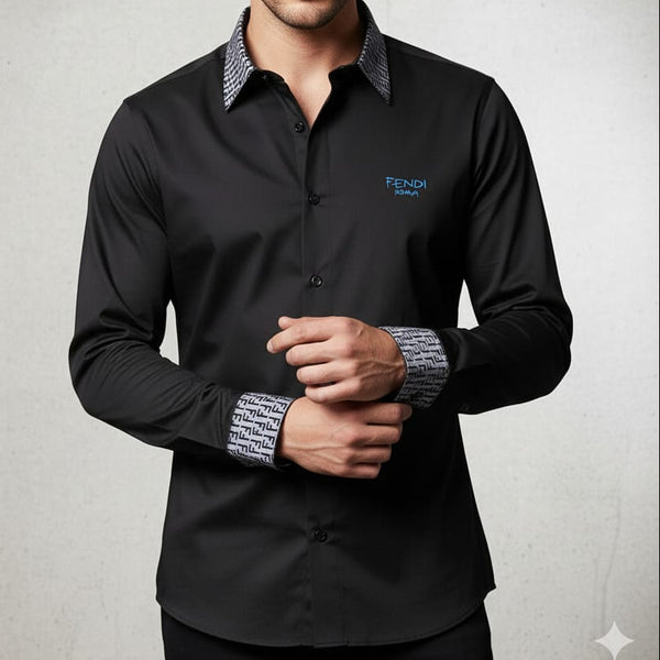 Black Luxury Shirt with Signature Patterned Collar & Cuffs