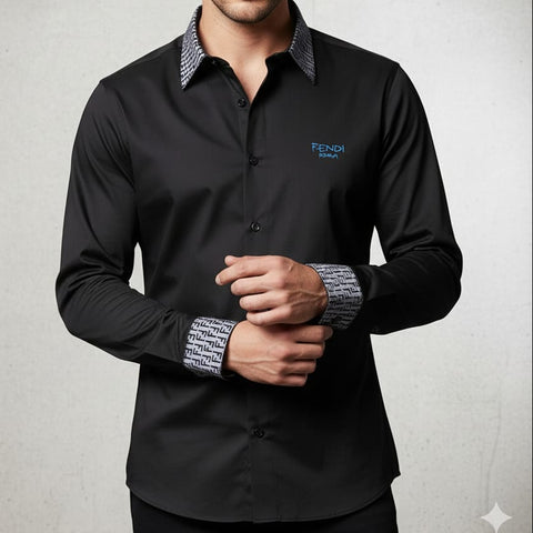 Black Luxury Shirt with Signature Patterned Collar & Cuffs