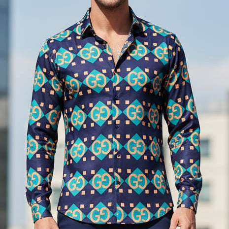 Geometric GG Pattern  Shirt Navy & Teal Luxury Edition