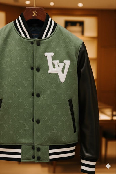 Premium Olive Green  Jacket with Black Leather Sleeves