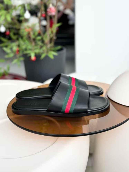 Luxury Black Slide Sandals with Signature Red-Green Stripe Detailing