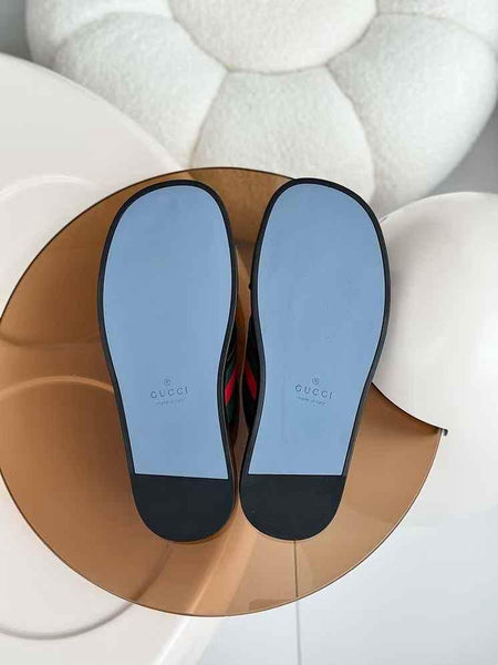 Luxury Black Slide Sandals with Signature Red-Green Stripe Detailing