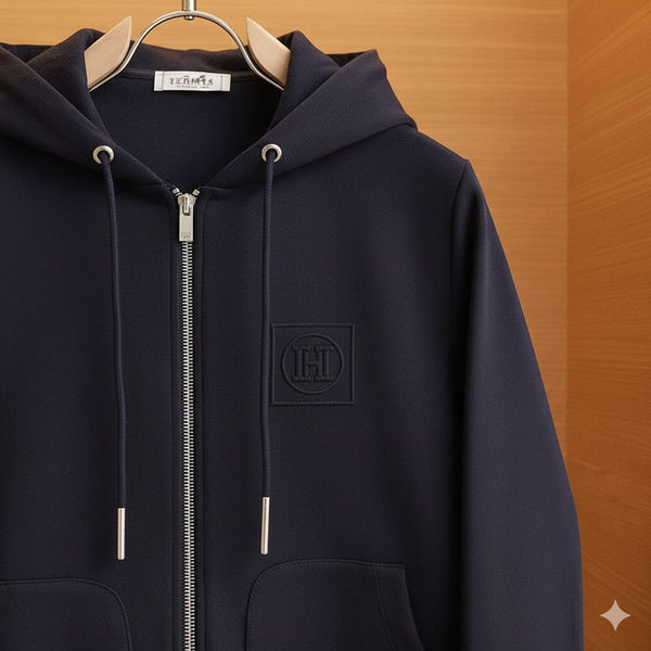 Premium Navy Blue Zip-Up Hoodie with Modern Minimal Design