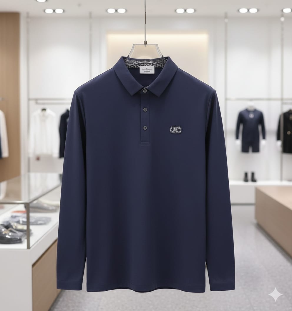 Premium Navy Blue  Initial Logo Full  Sleeve Polo T-Shirt