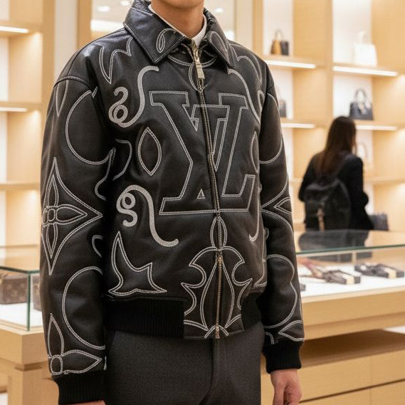 Premium Embroidered Leather Bomber Jacket