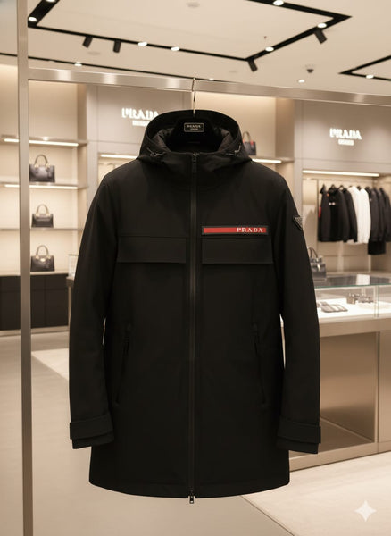 Branded  Black Technical Hooded Jacket  Luxury Performance Meets Minimalist Design