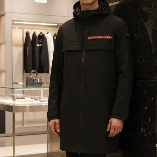 Branded  Black Technical Hooded Jacket  Luxury Performance Meets Minimalist Design