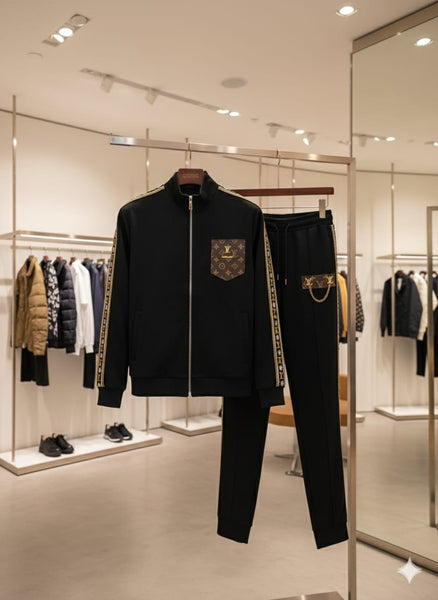 Luxury  Monogram Trim Black Tracksuit with Signature Detailing