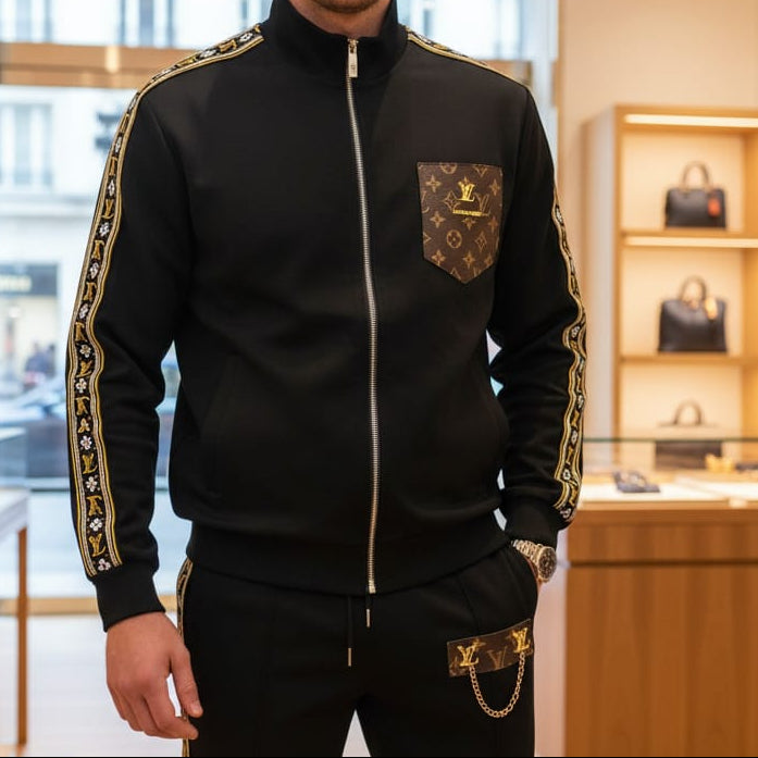 Luxury  Monogram Trim Black Tracksuit with Signature Detailing