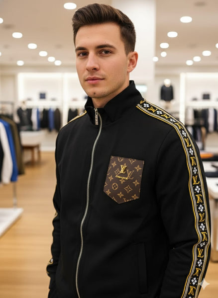 Luxury  Monogram Trim Black Tracksuit with Signature Detailing