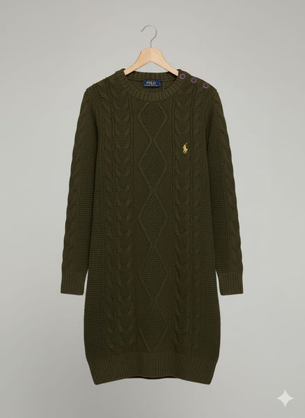 Olive Green Cable-Knit Sweater Dress for Women