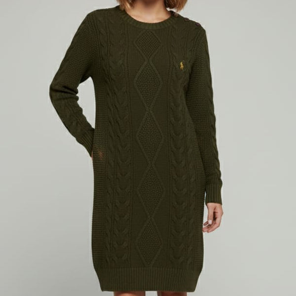 Olive Green Cable-Knit Sweater Dress for Women